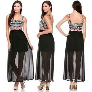 Finesse Multicolor Aztec Print Camisole with Black Chiffon Skirt Maxi Dress XS